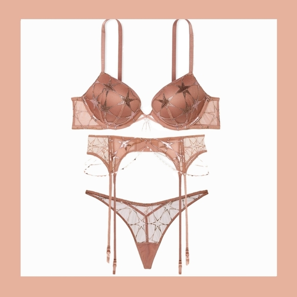 🆕Victoria's Secret Rose Gold Starstruck Bombshell, Garter & Thong - 32D/XS-S/S - Picture 15 of 16